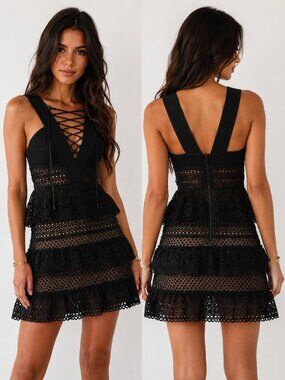 NEW Self Portrait V neck Lace Up Tiered Mini Dress Black Size 2